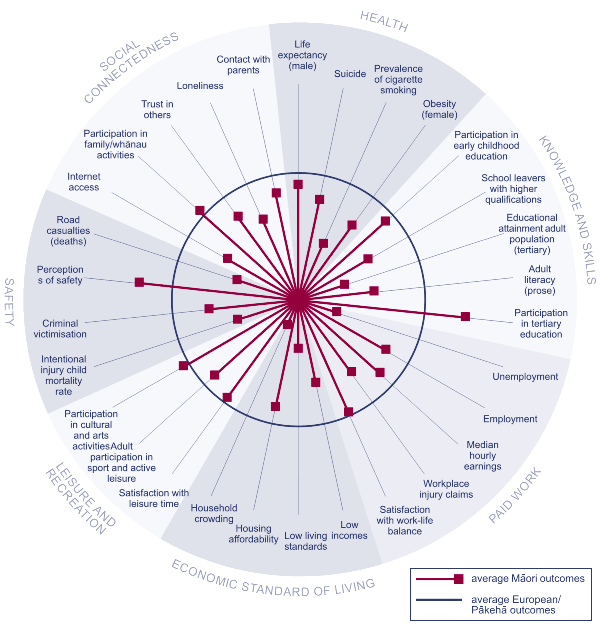 Pie chart showing Social wellbeing for Māori, relative to Europeans/Pakeha. 