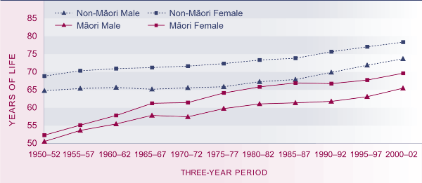 Table showing life expectancy at birth, by ehtnic group and sex, selected years, 1950-1952 and 2000-2002. 