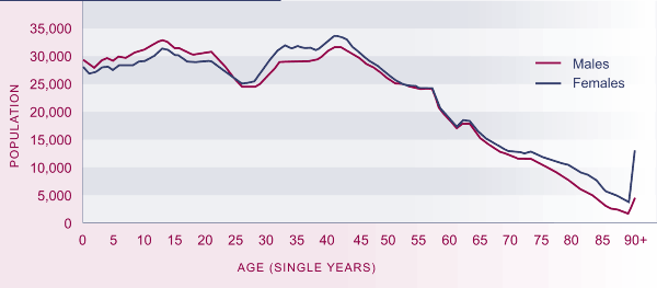 Table showing population by age and sex, 2004. 