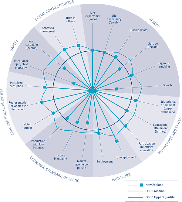 Pie chart comparing social wellbeing in New Zealand with the OECD. 