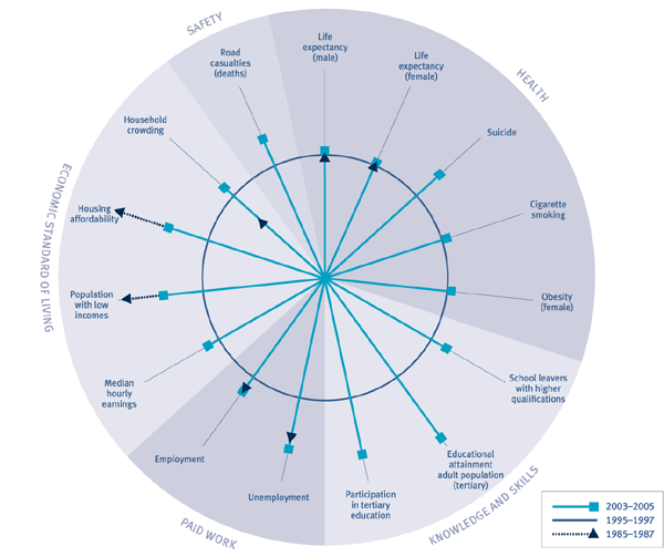 Pie chart showing changes in social wellbeing for Maori. 