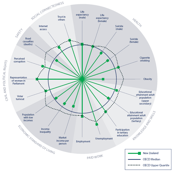 Pie chart comparing social wellbeing in New Zealand with the OECD. 