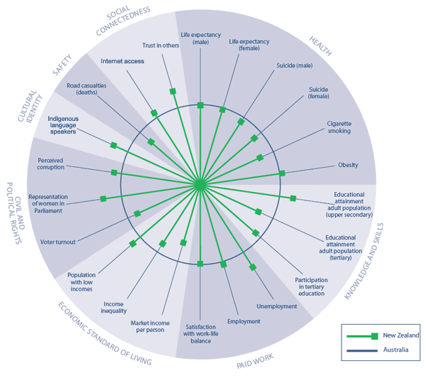 Pie chart comparing social wellbeing in New Zealand with the OECD. 