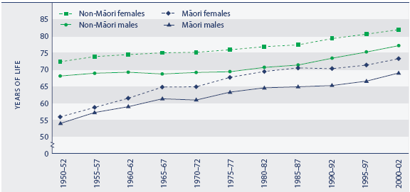 Figure H2.2 Life expectancy at birth, by ethnic group and sex, selected years, 1950–1952 to 2000–2002