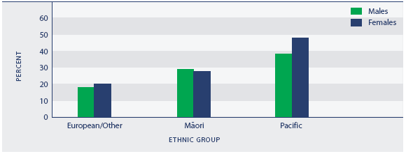 Figure H5.2 Age-standardised prevalence of obesity, population aged 15 years and over, by ethnic group and sex, 2003