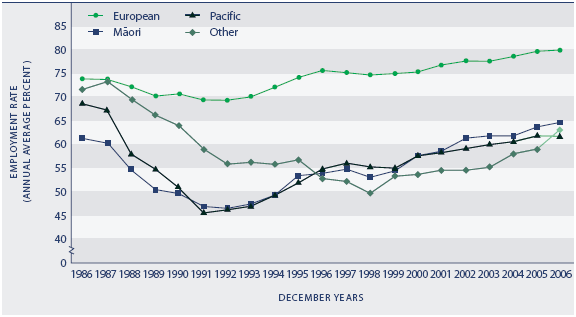 Figure PW2.2 Employment rate, by ethnic group, 1986–2006