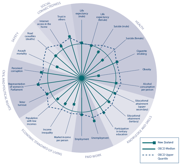 Pie chart comparing social wellbeing in New Zealand with the OECD. 