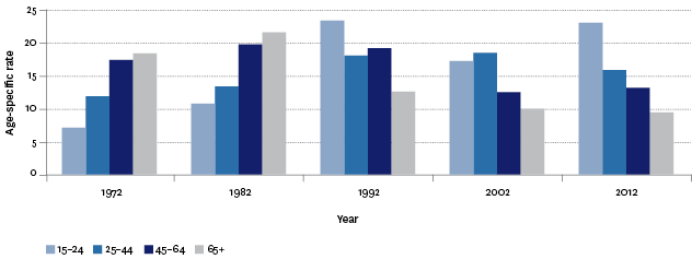 Figure H3.3 – Age-specific suicide mortality rates, by age group, 1972–2012