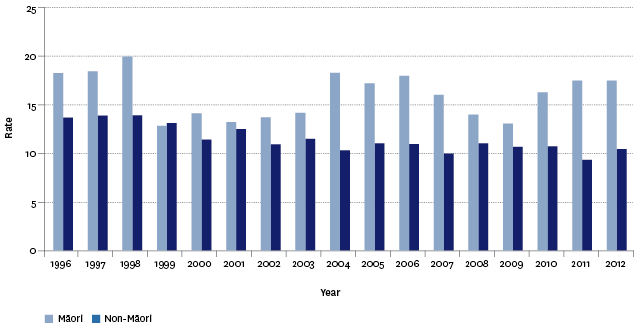 Figure H3.4 – Suicide mortality, age-standardised rates, by ethnic group, 1996–2012